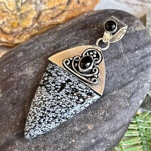 Snowflake Obsidian & Black Onyx Sterling Silver Gemstone 2.8” Pendant